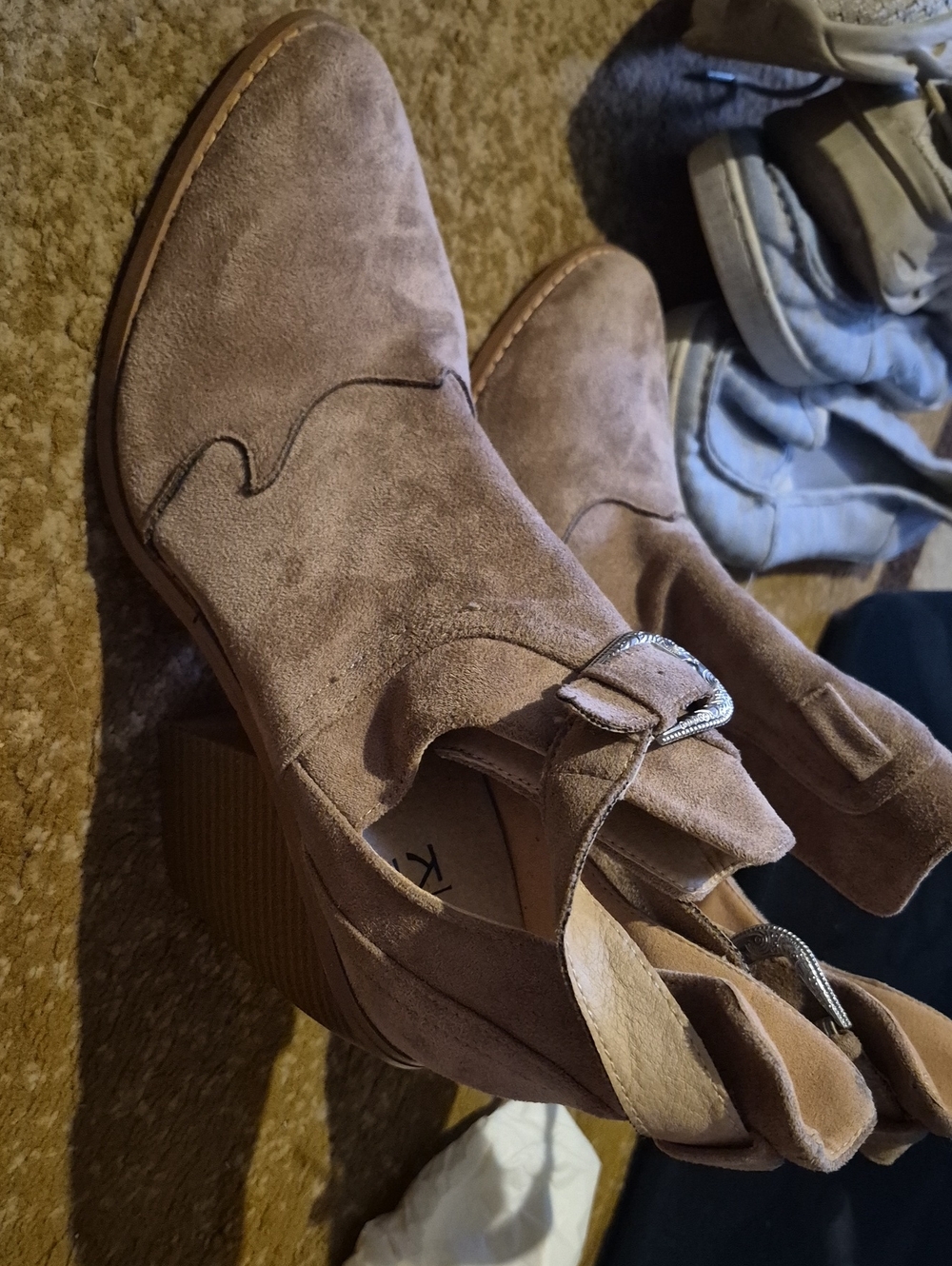 Yoki Taupe Suede Cutout Ankle Boots with Buckle